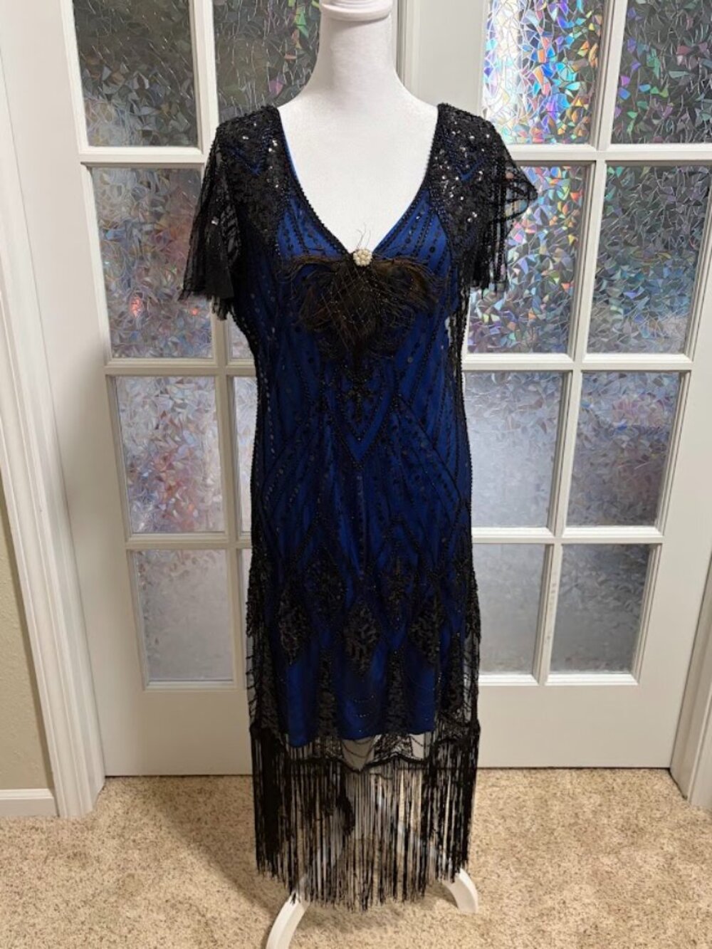 Women’s Large Blue Black Sequin Flapper Dress Fringe Gatsby Costume